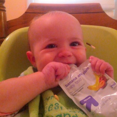 Enjoying a food pouch!