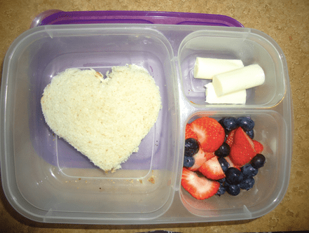 Peanut butter fluff, cheese sticks, fruit salad