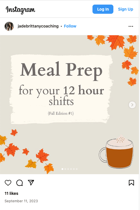 screenshot and link to an Instagram post about meal prep for nurses and other professionals who work 12-hour shifts.